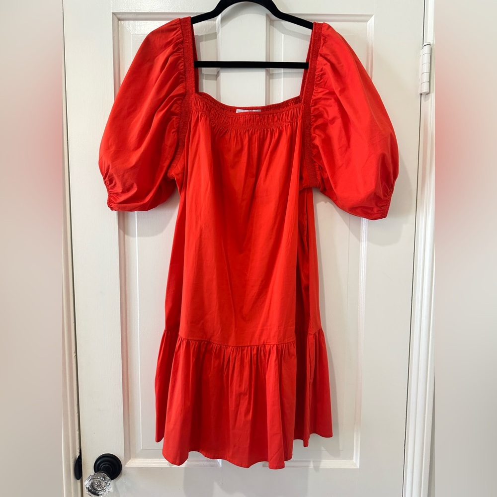 One One Size orange puff sleeve square neck smocked mini dress